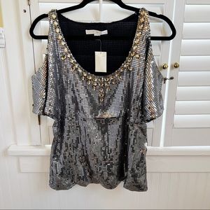 Boston Proper NWT Silver Sequin & Gold Beaded Neckline Cold Shoulder Top XXS